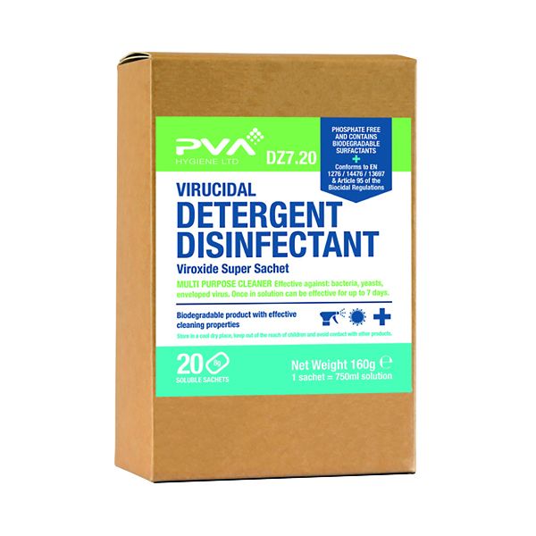 PVA Virucidal Detergent Disinfectant Soluble Sachets for Trigger Spray Bottles - Pack of 20