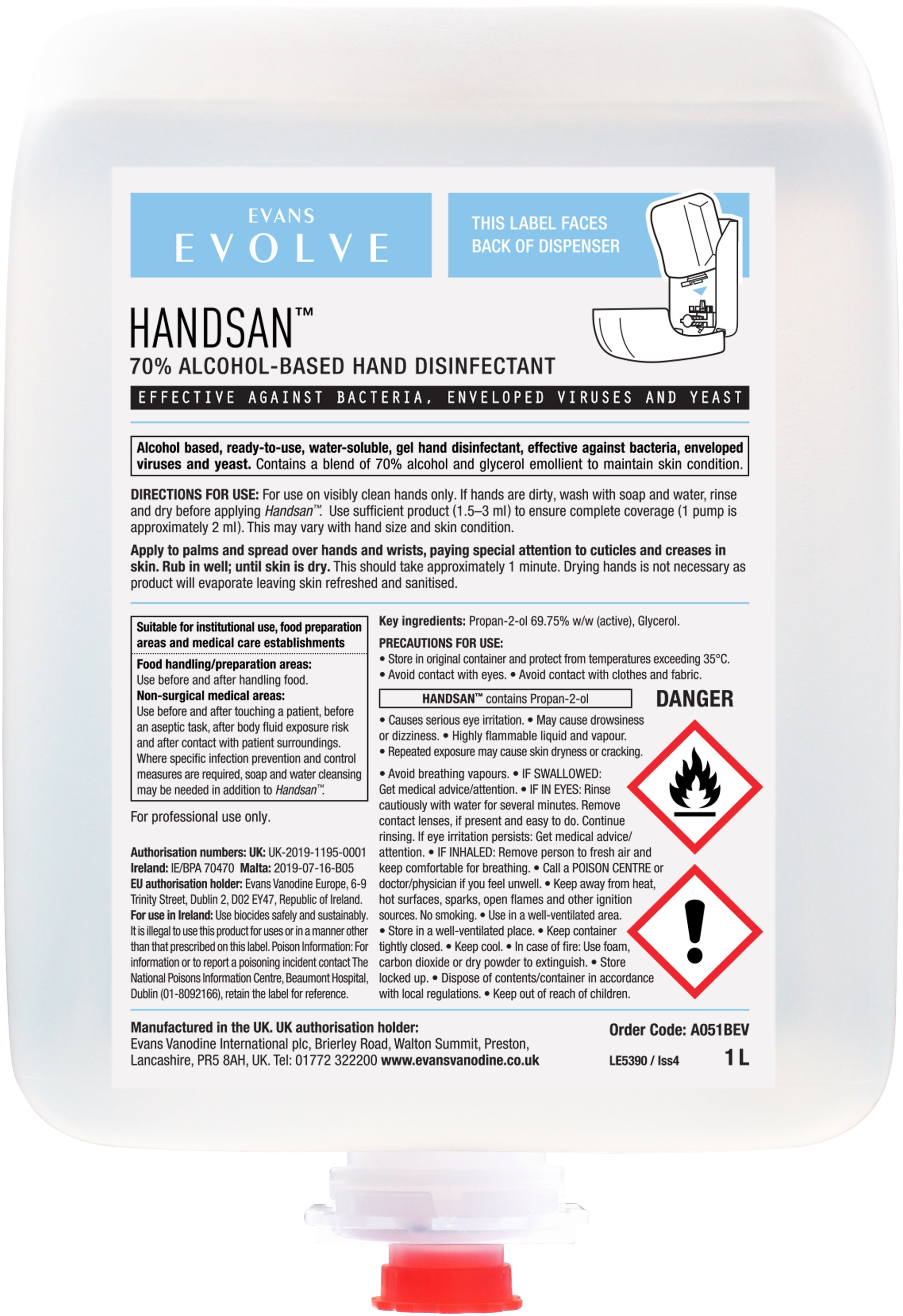 Hand Disinfectant - Evans Evolve - Handsan - 6 x 1L