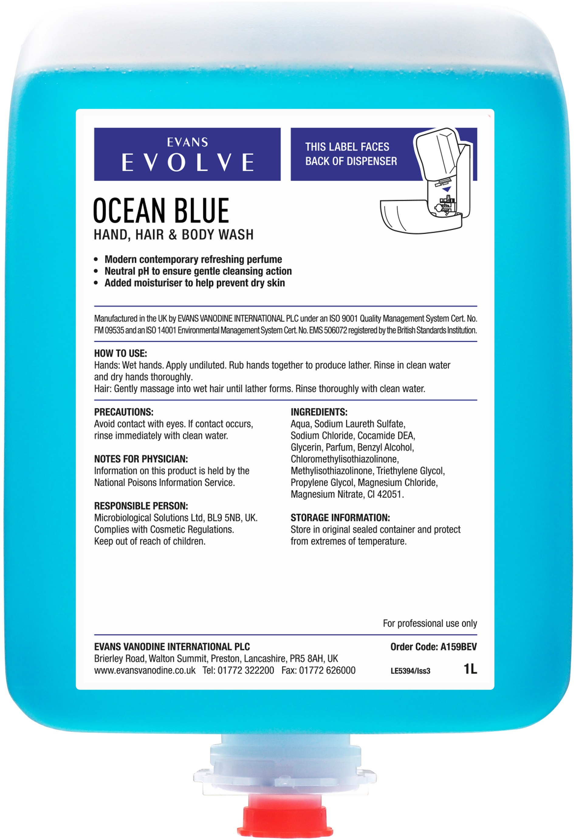 Body Wash - Evans Evolve - Ocean Blue - 6 x 1L