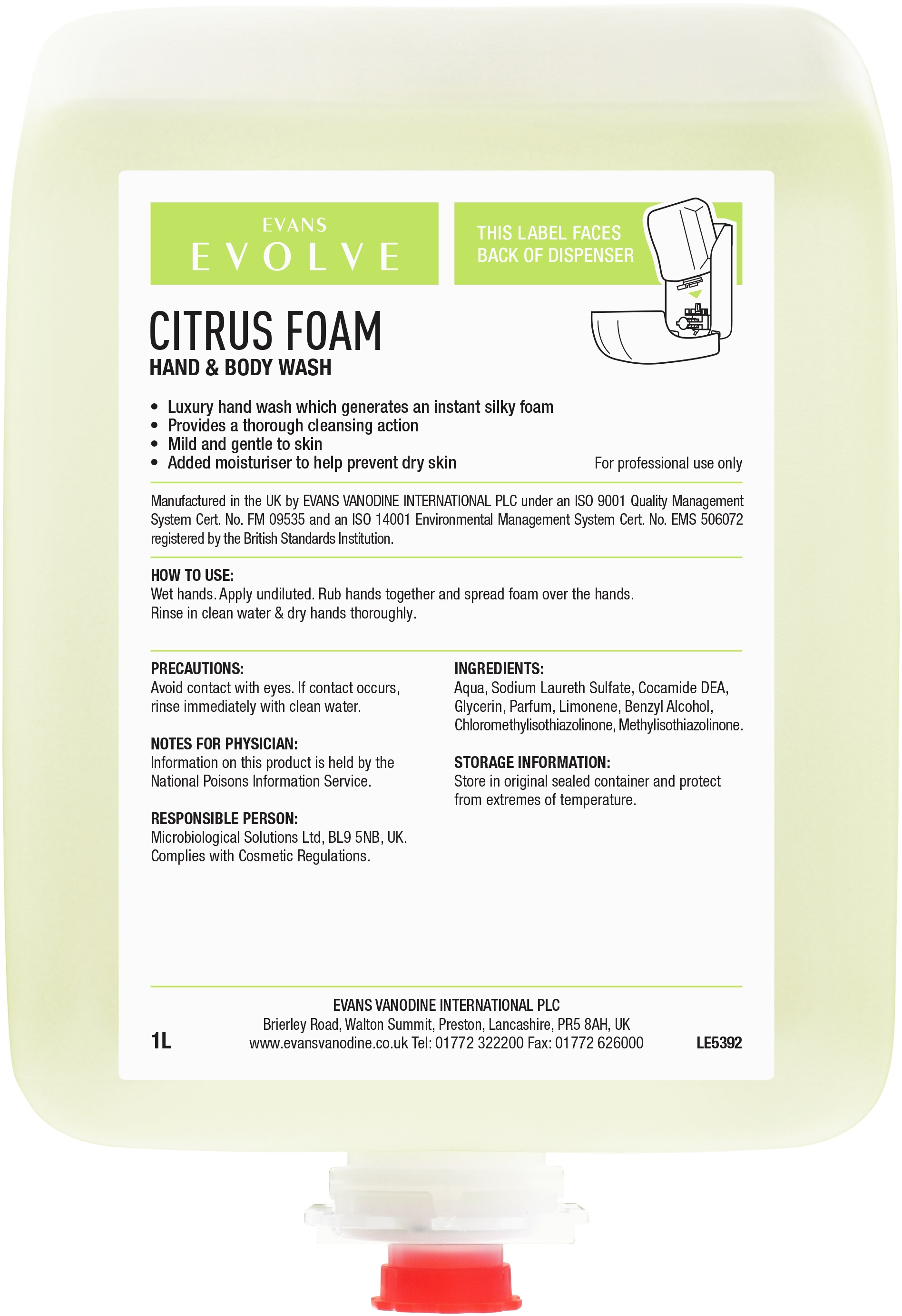 Evans Evolve Citrus Foam Cartridge Pack - Case of 6x1L