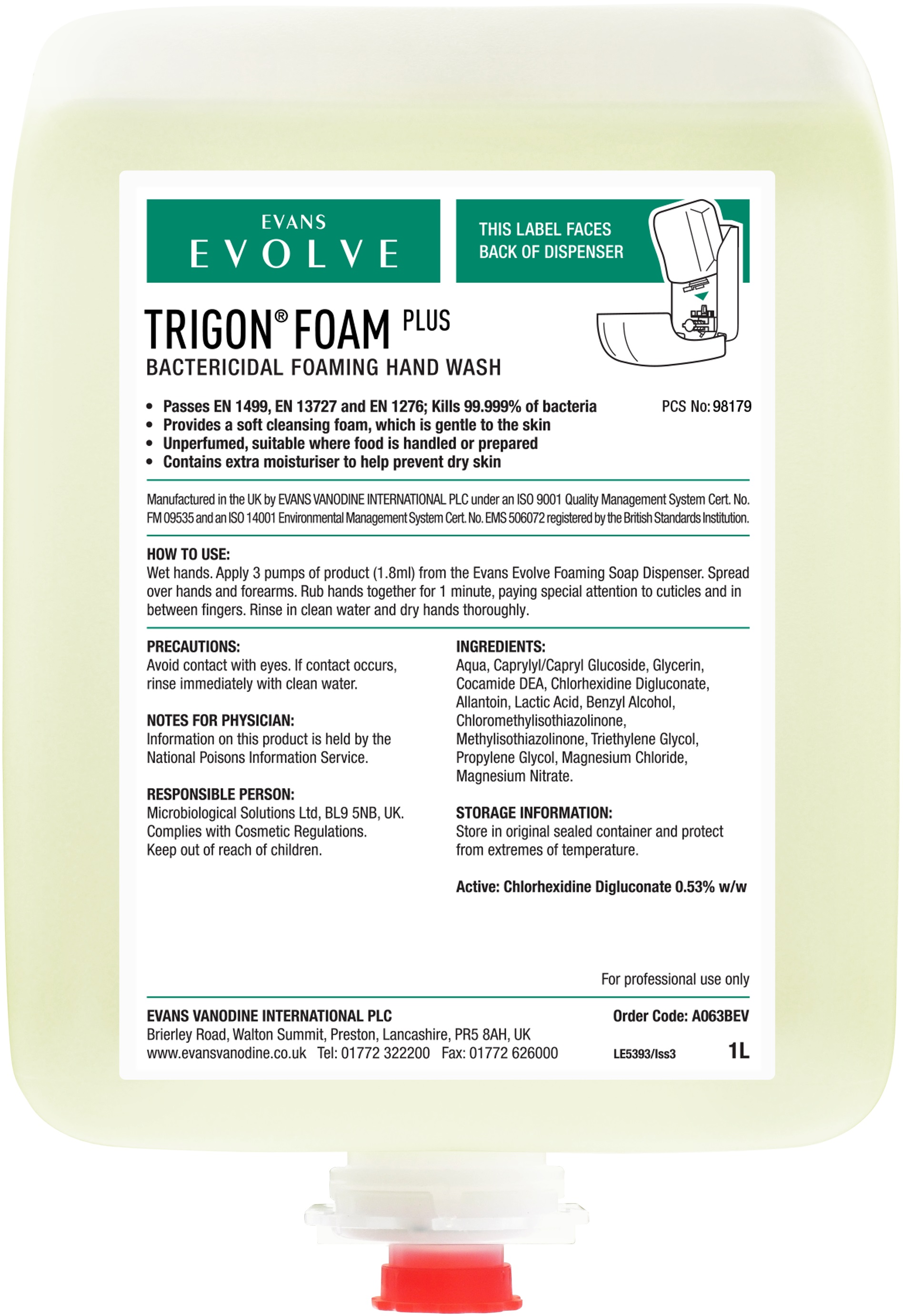 Hand Wash - Evans Evolve - Trigon Foam Plus - Bactericidal - 6 x 1L