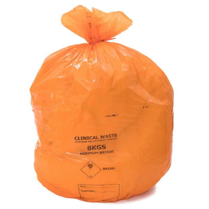 UN Clinical Waste Sack - 8kg - Case of 200/80L (25 Bags per Roll/8 Rolls per Box) - Orange