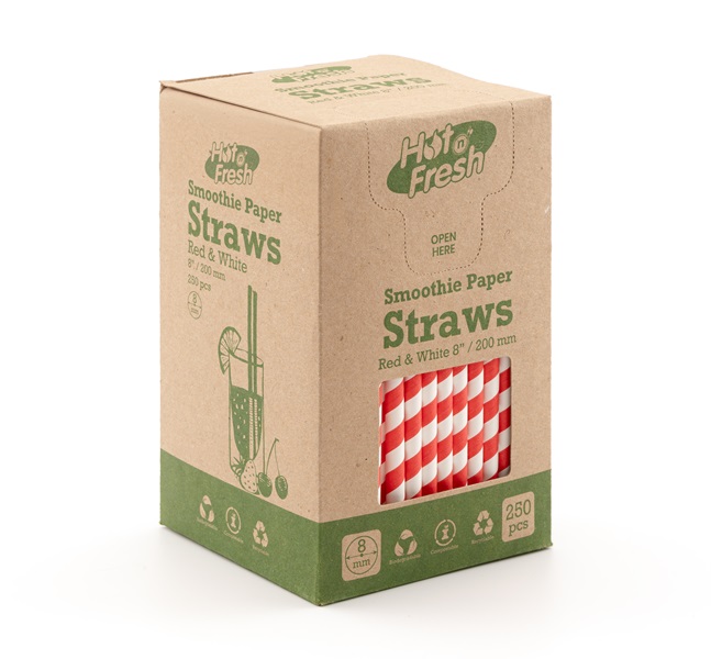 Paper Smoothie Straw - Red Stripe - 8mm - Case of 10,000