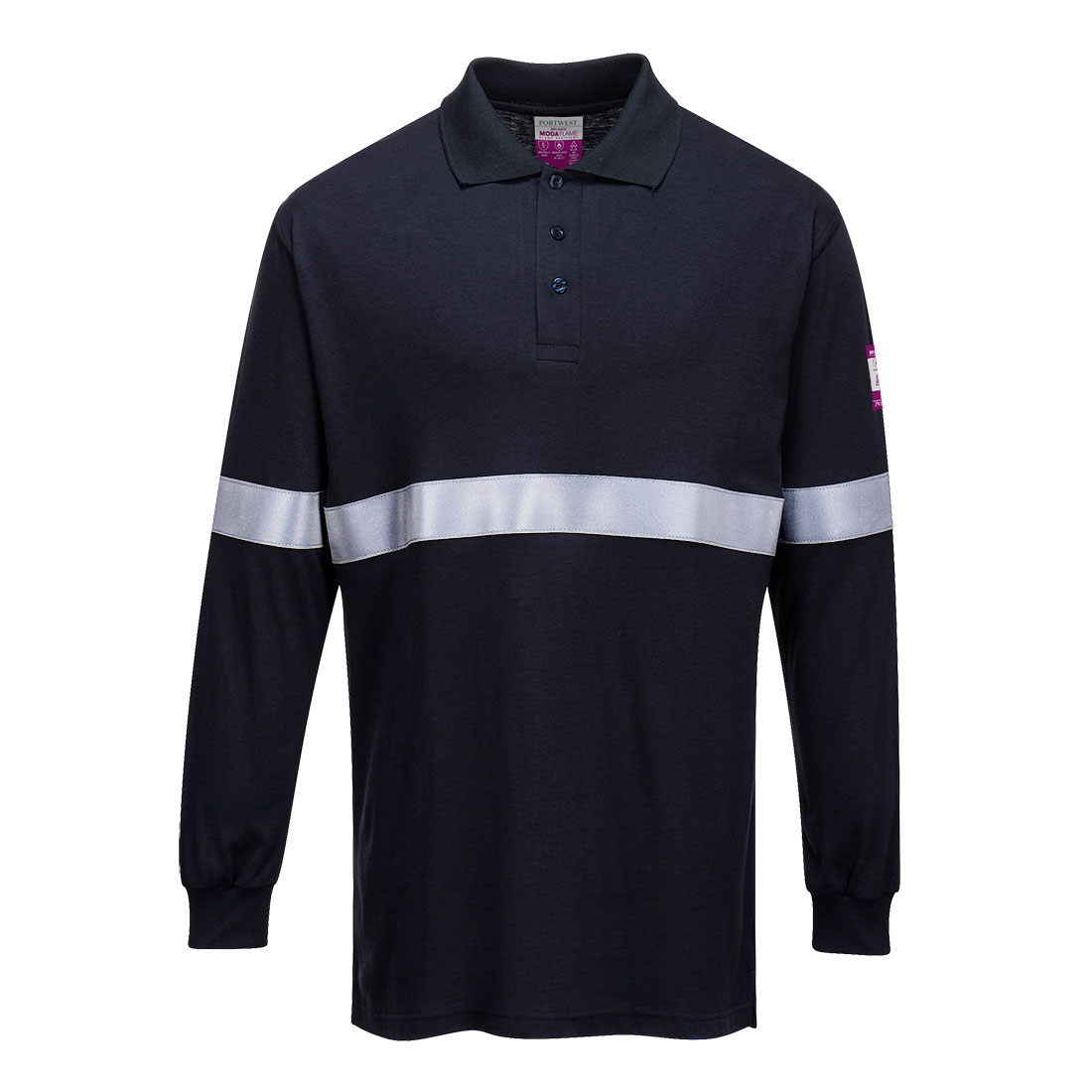 Flame Resistant Anti-Static Long Sleeve Polo Shirt with Reflective Tape - Navy